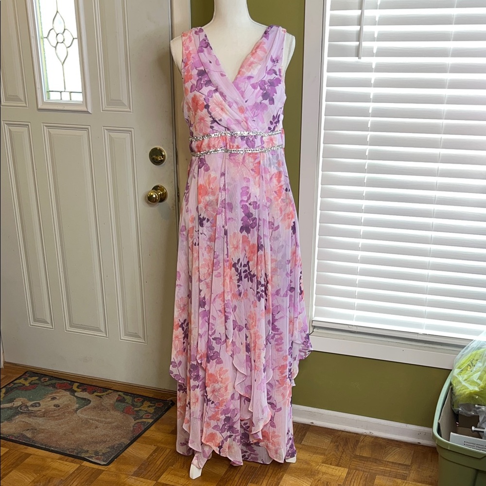 R&M Richards Lavender and Pink Floral Maxi Dress